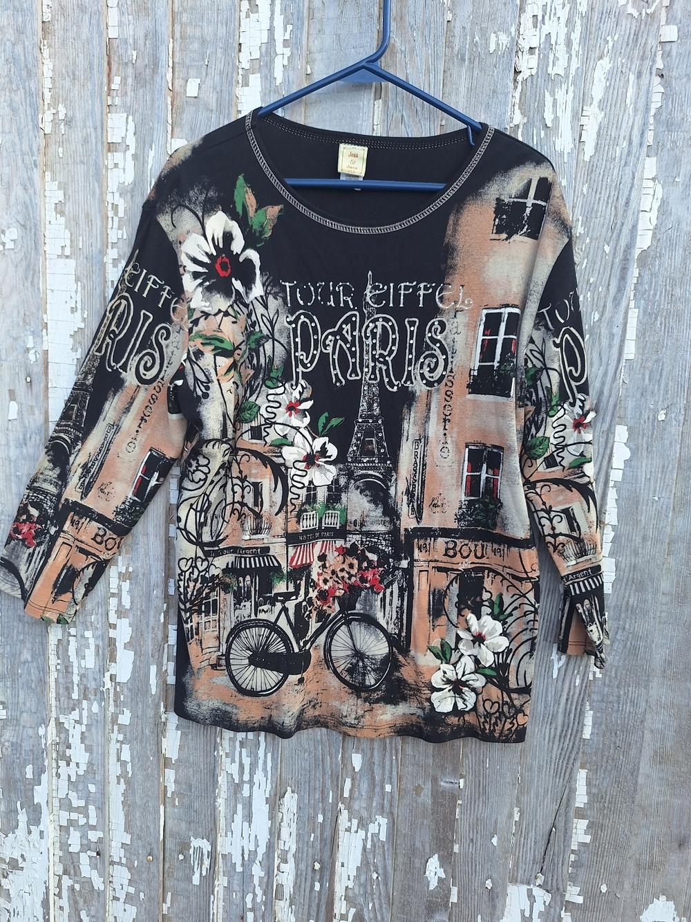 Jess & Jane Paris Scene Floral Print Women’s Blouse in Black and Tan Size XL Y2K